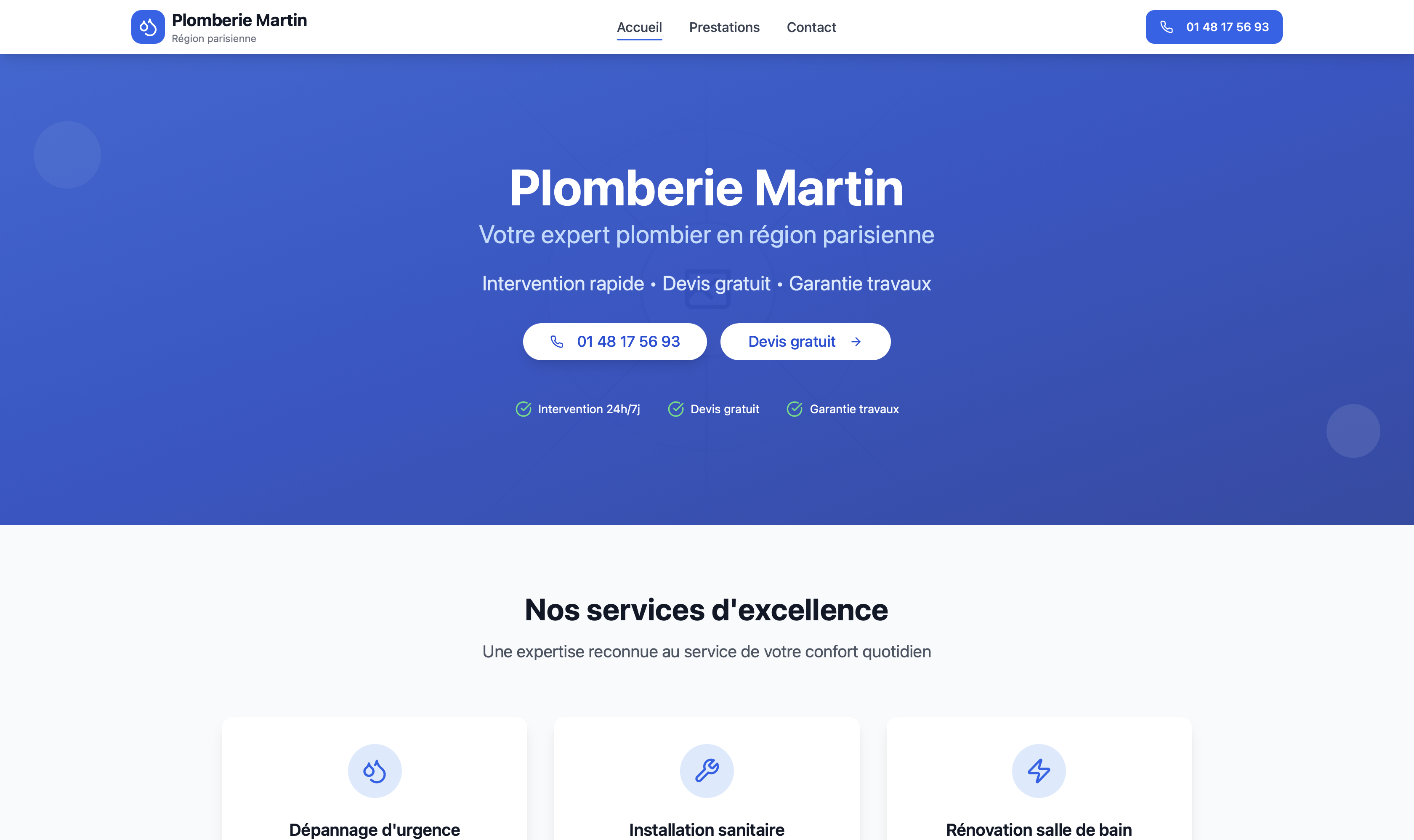 Exemple de site web pour artisan plombier - Design professionnel et rassurant